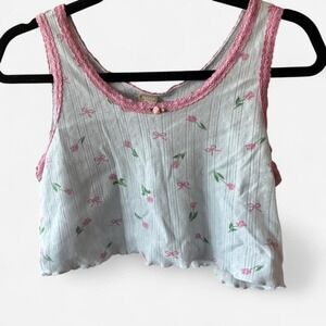 Messy Bun just Chillin Baby Blue & pink rosette crop tank w/ lace trim Sz Lg